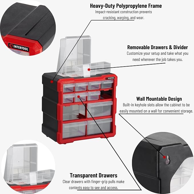 Small Parts Organizer - 12 Removeable Bin Drawers - Tool Box for Storing Hardware and Garage Organization - For Screws, Bolts, Legos, Arts and Crafts - 10” x 10” x 6” - BX08-4024 - Image 4