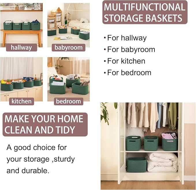 OIAHOMY 4 Pack Storage Baskets for Organizing 15L Cube Storage Bins Green | Woven Baskets for Storage Rectangle Small Baskets With Handles Baskets for Shelves Wicker Baskets for Shelves 12.7x9x7.8inch - Image 6