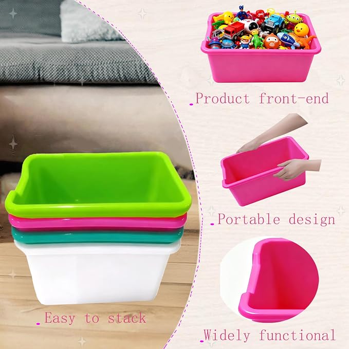 4 Pack Plastic Cubby Bins, Stackable Storage Bins with Adhesive Label Toy Book Organizer Baskets for Classroom, Library, Playroom, Home & Office Organization (Four colors) - Image 3