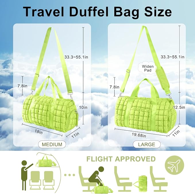 Quilted Travel Duffle Bag Gym Bag for Women,Large Puffer Duffle Weekender Bag with Compartment,Workout Overnight Carry on Organizer Bag Duffle Bag for Airplane Travel(L-Green) - Image 2