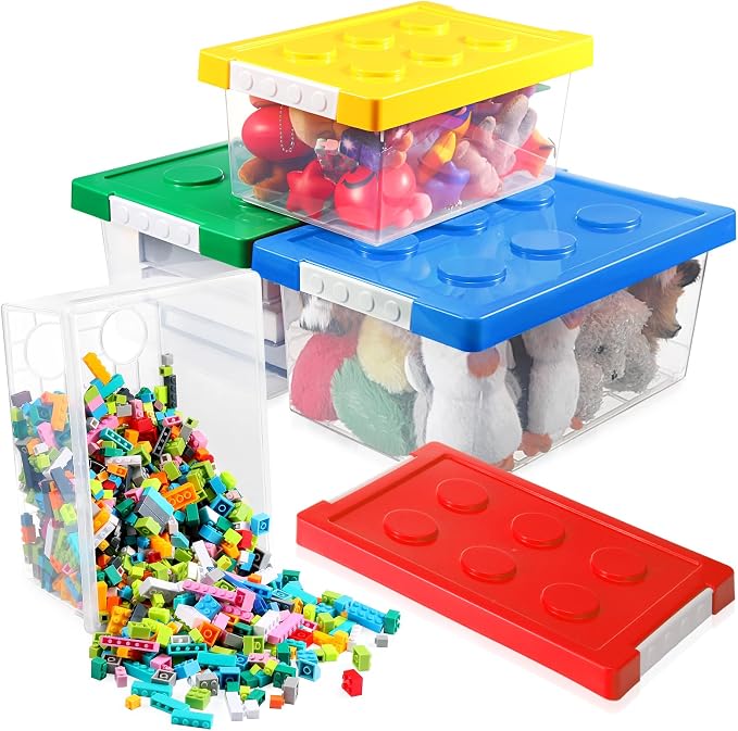 4 Pack Toy Storage Containers with Lids Brick Shaped Kids Toy Organizer Box Plastic Clear Stackable Bin Chest for Building Block Dolls(Large, X-Large,Red, Yellow, Blue, Green) by Vicenpal