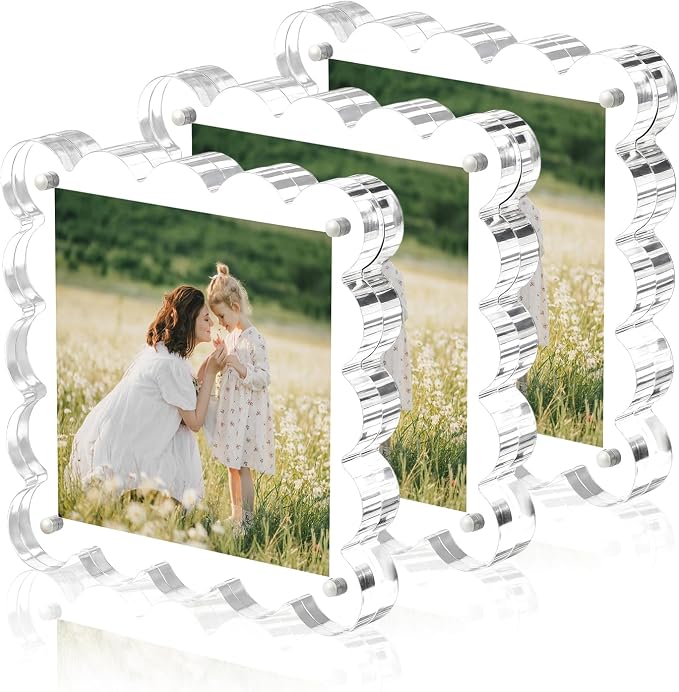 Chivalral 3 Pack 4x4 scalloped picture frame,acrylic Square Desktop Holders | Double Sided magnetic frames, 10+10mm Thick, Present for Birthdays, Weddings, Anniversaries , Daily Home ,Office decor by Chivalral