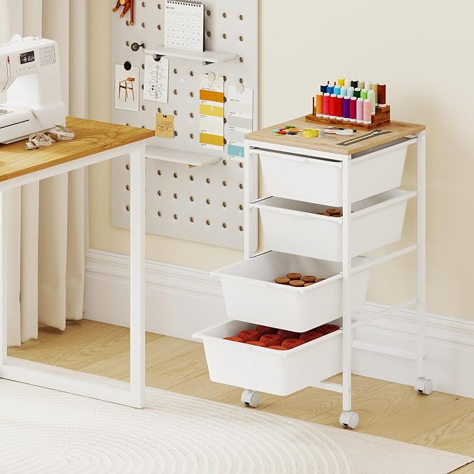 GOFLAME 4-Drawer Rolling Storage Cart, Craft Storage Cart with Wooden Tabletop and Lockable Wheels, Art Cart Supply Storage Organizer with Metal Frame for Home Office Classroom, White - Image 2