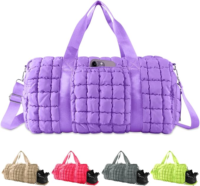 Quilted Travel Duffle Bag Gym Bag for Women,Large Puffer Duffle Weekender Bag with Compartment,Workout Overnight Carry on Organizer Bag Duffle Bag for Airplane Travel(Purple) by XSUIOY