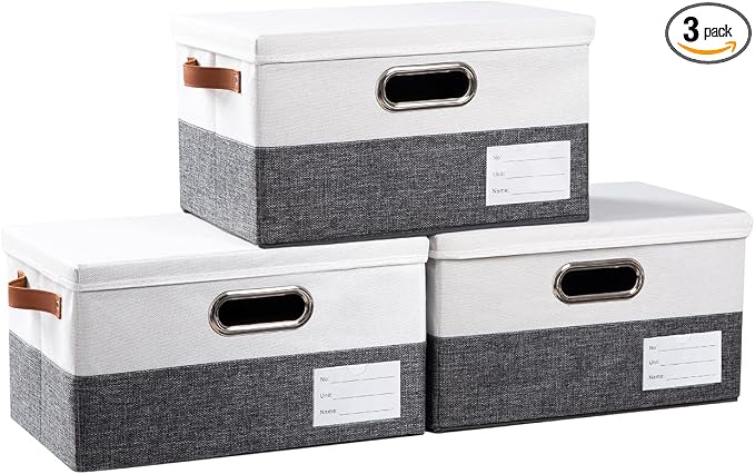 Storage Bins with Lids [3-Pack] Linen Fabric Foldable Storage Boxes Organizer Containers Baskets Cube with Cover for Bedroom Closet Office Grey&White（11.4X8.6X6.7 by Prandom