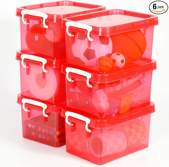6 Pack 4 Quart Colorful Plastic Storage Bins with Lids Stackable Storage Bins with Latching Lids Handle Clear Colored Storage Organizer Bins for Home Office Pantry Containers(6 Red) by Bornerwhite
