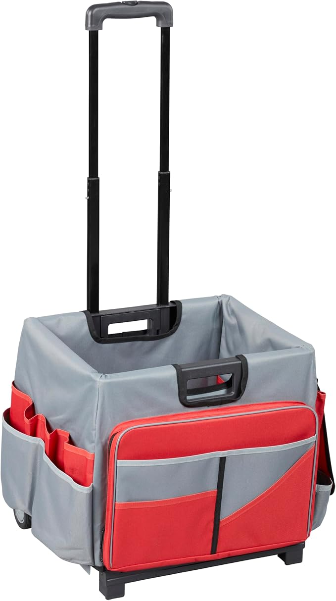 ECR4Kids Universal Rolling Cart with Canvas Organizer Bag, Mobile Storage, Red/Grey | Durable plastic, 30 compartments, adjustable handle, 40 lb capacity, collapses to 3" thick, rolling wheels for easy transport by ECR4Kids