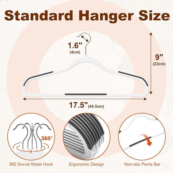 HOUSE DAY Non Slip Plastic Clothes Hangers 100 Pack with Rubber Pads, White | Space-Saving 0.2-Inch Slim Design; Heavy-Duty and 360° Swivel Hooks Keep Shirts, Coats, Suit, Blouse and Pants Organized - Image 2