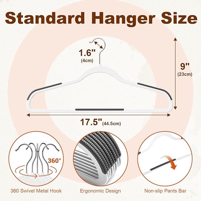 HOUSE DAY Non Slip Plastic Clothes Hangers 50 Pack with Rubber Pads, White | Space-Saving 0.2-Inch Slim Design; Heavy-Duty and 360° Swivel Hooks Keep Shirts, Coats, Suit, Blouse and Pants Organized - Image 2