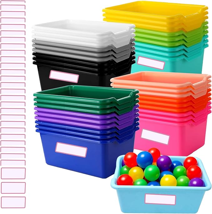 24 Pack Plastic Cubby Bins, Stackable Storage Bins with Adhesive Label Toy Book Organizer Baskets for Classroom, Library, Playroom, Home & Office Organization (Twelve Colors) by Unknown