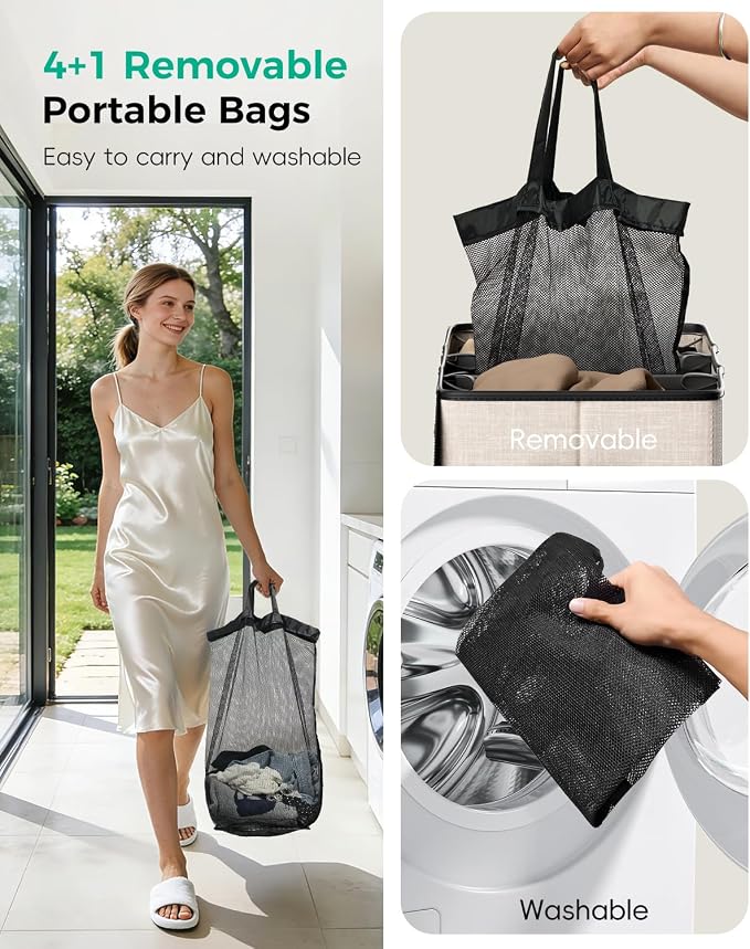185L Laundry Hamper 4 Section with Lid & Removable Bags | Collapsible laundry basket organizer for laundry room, bedroom & dorm with 5 removable washing bags - Image 6