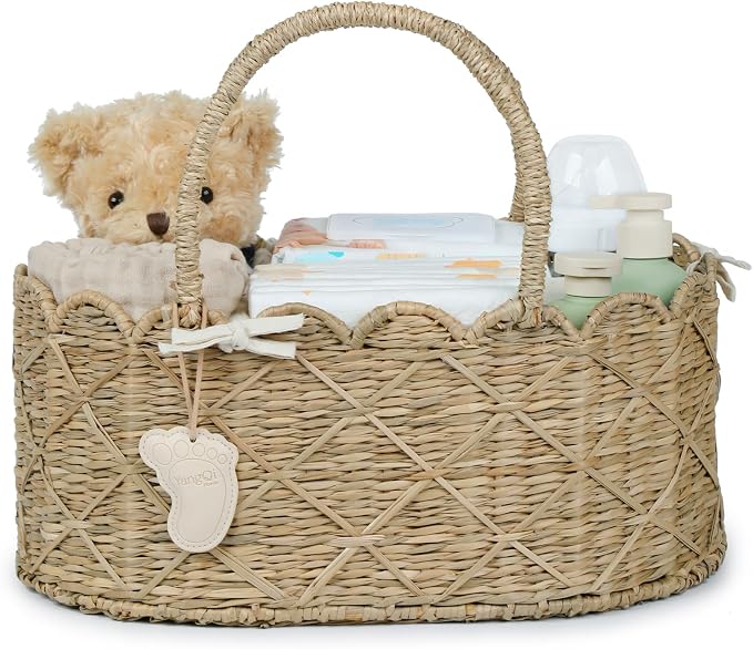 YANGQIHOME Diaper Caddy Organizer, Seagrass Nursery Baby Basket for Baby Essentials, Scalloped Wicker Diaper Caddy, Baby Shower Gifts (Diamond) by YANGQIHOME