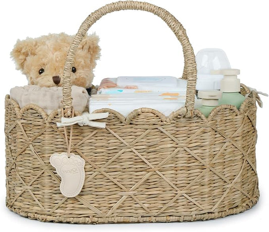 YANGQIHOME Diaper Caddy Organizer, Seagrass Nursery Baby Basket for Baby Essentials, Scalloped Wicker Diaper Caddy, Baby Shower Gifts (Diamond) by YANGQIHOME