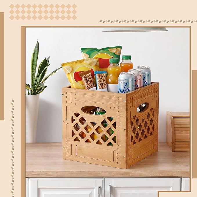 2 Pack Wooden Milk Crate, 11 x 11 x 11 Inch Stackable Rustic Wood Storage Crate with Handles, Decorative Farmhouse Basket Organizer for Home, Kitchen, Office - Image 6