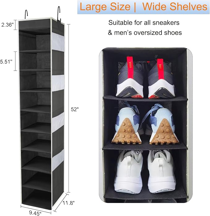 Large-Sized Hanging Shoe Organizer 10-Shelf, Sturdy Hanging Closet Organizer with 8 Side Pockets, Wider Hanging Shelves for Storage Shoes Clothes Jeans Shirts Toys, Black - Image 3