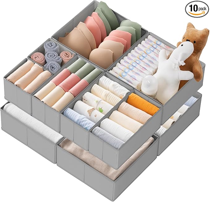 Drawer Organizer Clothes, 10 Pack Dresser Organizer for Baby Clothes, Underwear, Sock- Foldable Closet Organization and Storage Dividers Bins for Nursery, Bedroom (Grey) by Criusia
