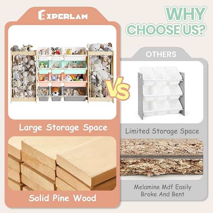 EXPERLAM Large Toy Storage Organizer, Wooden Stuffed Animal Storage & 12-Bins Toy Organizer, Double-Sided Plush Toy Holder Featuring Thicker Ropes, Space Save Playroom Bedroom Nursery Storage, Multi - Image 6