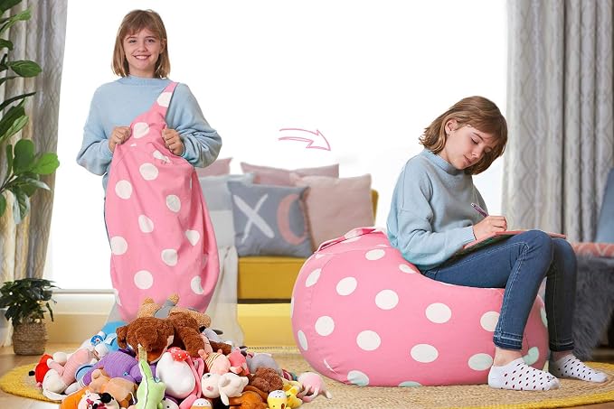 Aubliss Stuffed Animal Bean Bag Storage Chair | (Light Pink Dot, Medium (32'')) - Image 2