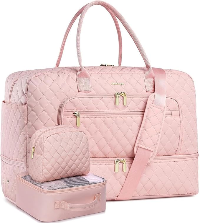 Large Women Travel Duffle Bag - Carry on Overnight Bag Weekend Travel Duffel Tote Gym Bag with Wet Pocket Toiletry Weekender Overnight Bag for Travel Business Trips Sports Hospital Pink 3 Pcs Set by LUOCIP