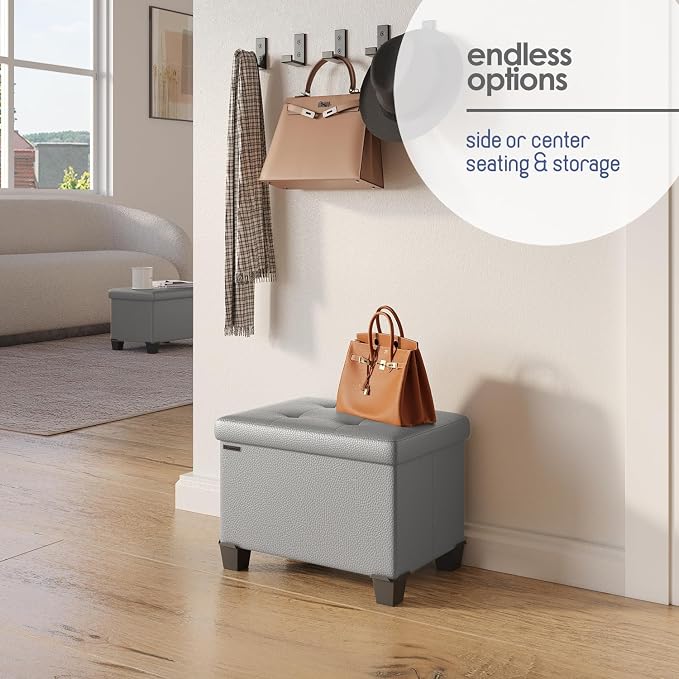 Storage Ottoman Cube with Small Bin, 16-in Square Ottoman with Storage for Living Room and Bedroom, Small Ottomans Foot Rest, Leather Foot Stools Ottomans Max 330lbs, Light Grey - Image 6