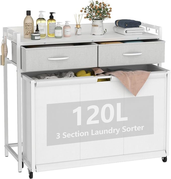 Laundry Hamper Laundry Basket with 3 Section Pull-Out Rolling Bags, Laundry Sorter for Organization and Storage with 2 Pull-Out Drawers for Laundry Room (White, 32.68'' x 31.81'' x 12.6'') by STIKELY