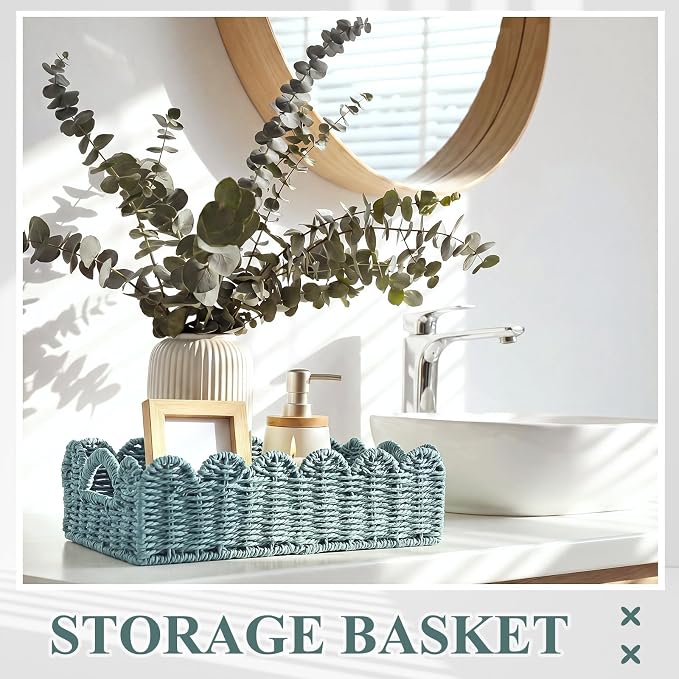 Boao 3 Pcs Boho Storage Wicker Baskets Handmade Woven Decorative Paper Rope Baskets for Organizing with Handle Countertop Toilet Paper Storage Container for Toilet Tank Top (Smoggy,Fan-shaped) - Image 6