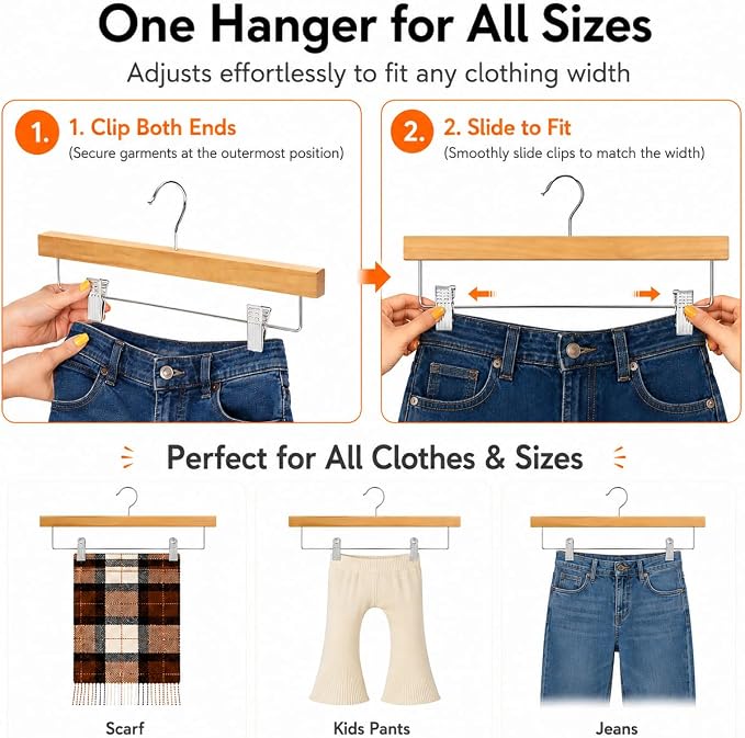 HOUSE DAY Wooden Pants Hangers with Clips, 10 Pack Skirt Hangers, Natural | 14-Inch Wood Hangers with Adjustable Non-Slip Metal Clips & 360° Swivel Hooks, Heavy Duty for Jeans, Slacks, Trousers, Shorts - Image 2