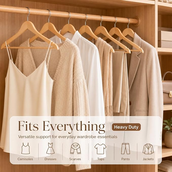 JupiterForce Wooden Clothes Hangers 50 Pack, Non-Slip Wood Hangers with 360° Swivel Hook & Shoulder Grooves, Coat Hanger for Suits, Coats, Shirts, Pants, Jackets and Dress(Natural) - Image 4