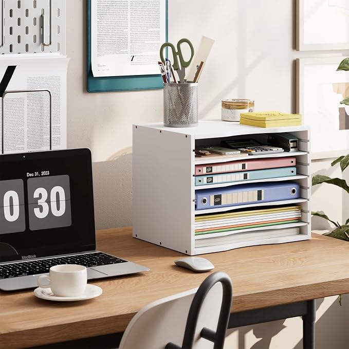 Bamjoy Bamboo 5 Tier Desktop Organizer, Paper Organizer Mail Sorter, File Holder Letter Document Storage with Adjustable Shelves for School Home Office, White - Image 5