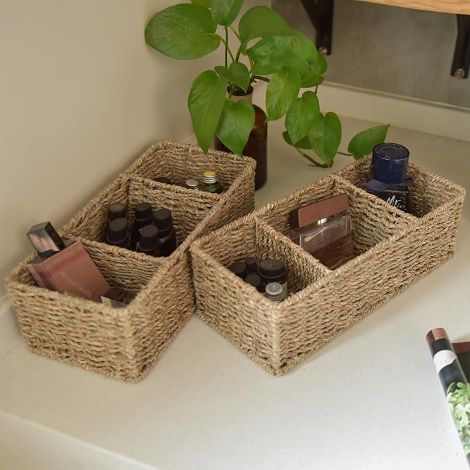 StorageWorks Wicker Toilet Basket Tank Topper, Seagrass Storage Baskets | Wicker Basket, Toilet Paper Storage for Back of Toilet Tank, Woven Baskets for Shelves, Wicker Baskets with 3 Compartments - Image 3