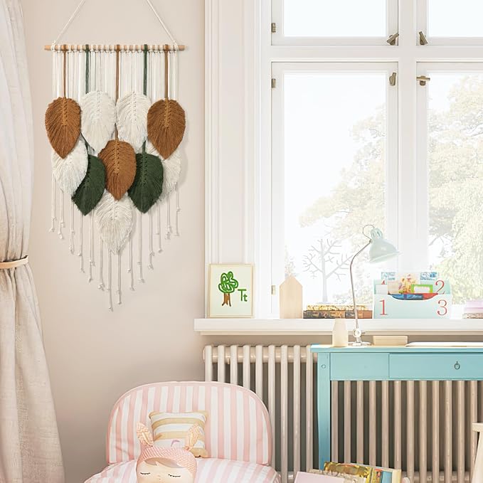 Macrame Wall Hanging Leaves Woven Tapestry Boho Chic Modern Home Decoration | KHOYIME Bohemian Handmade Leaf Feather Wall Art Decor for Apartment Dorm Living Room Bedroom Nursery Backdrop 16.5"W x 29.5"L - Image 6