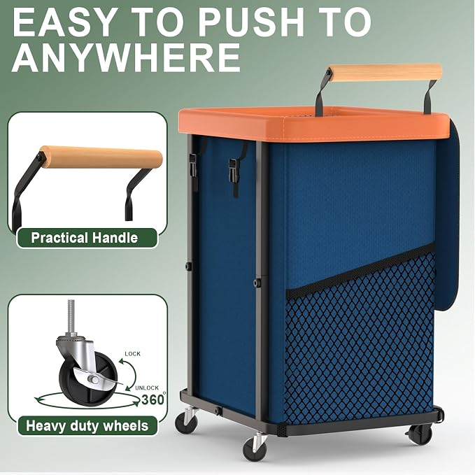 150L Laundry Basket with Wheels, Rolling Basket Hamper with Lid & Handle | Laundry Organizer Storage Cart with Heavy Duty Sturdy Metal Frame for Home, Hotel, Laundry Room - Dark Blue - Image 3