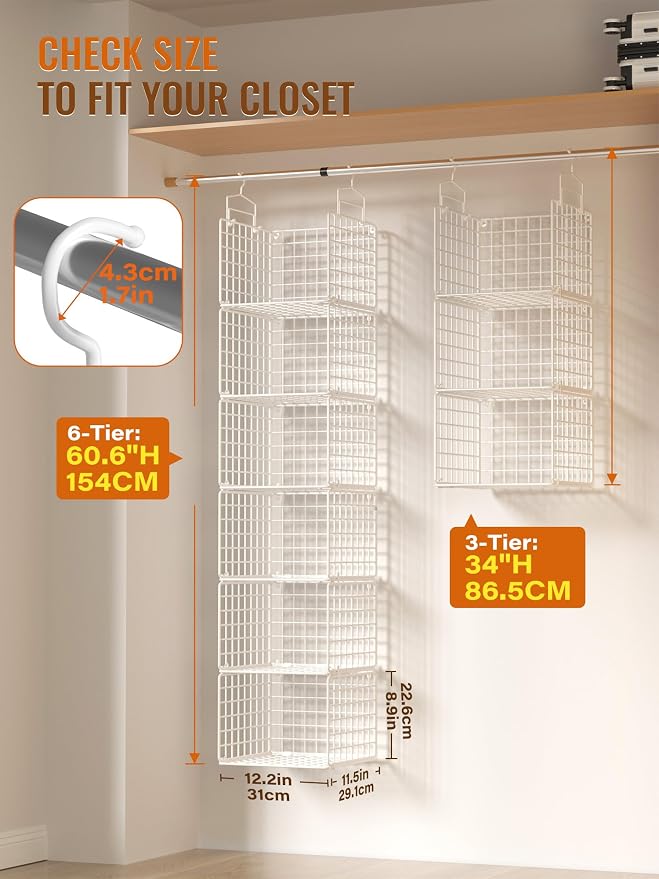 6 Tier Closet Hanging Organizer, Metal Closet Organizers and Storage with 4 Hanging Hooks 4 S-Hooks for Wardrobe Laundry Room, Wire Storage Shelf for Clothes Sweaters Pants (White) - Image 2