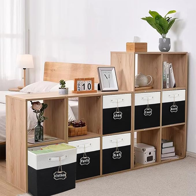 13x15x13 storage cube bins,Set of 4 Collapsible Fabric Storage Cubes with Labels,Linen Cube Storage Organizer Bins Kallax Storage Cubes for Organizing Office,Shelves,Cabinet,Clothes(White Black). - Image 2