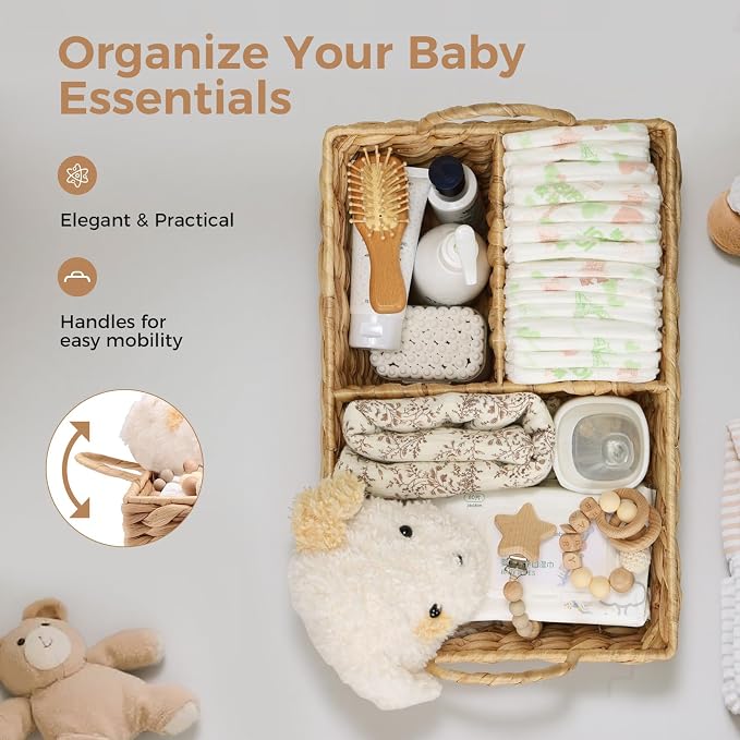 Baby Diaper Caddy Organizer, Handwoven Nursery Basket Changing Table Organizer Natural Water Hyacinth Storage Basket for Nursery Bathroom Kitchen Shelves Office Supplies Organization (Natural, XL) - Image 4