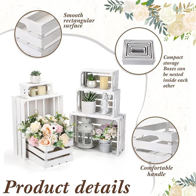 CroBlissful 6 Pcs Decorative Wood Crates for Storage Display Rustic Nesting Crates with Handle Farmhouse Wooden Storage Container Boxes for Wedding Baby Shower Birthday Party(Vintage White) - Image 5