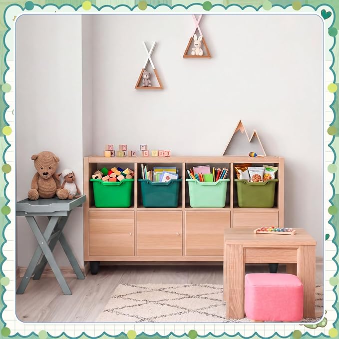 16 Pcs Cubby Bins for Classroom Plastic Book Bins,Green Series | Storage Bins for Classroom Library, Plastic Stackable Toy Tubs Containers for School Office Home Nursery Playroom - Image 7