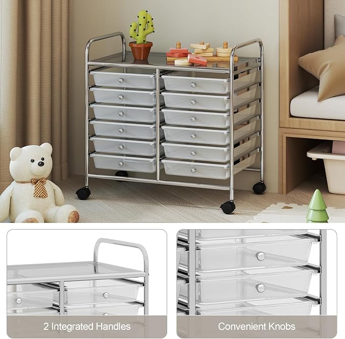 RELAX4LIFE 12-Drawer Rolling Storage Cart - Mobile Utility Cart on Wheels for School Classroom Teacher Office Salon, Paper File Art Supply Craft Organizer, Rolling Cart with Drawers (Clear) - Image 6
