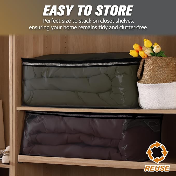 HIBAG 20 Gallon Large Storage Bag for Clothes, Zipper Clothing Storage Bag Organizer with Handles, for Comforters Blankets Pillows Bedding (Black, 2 Pack) - Image 4
