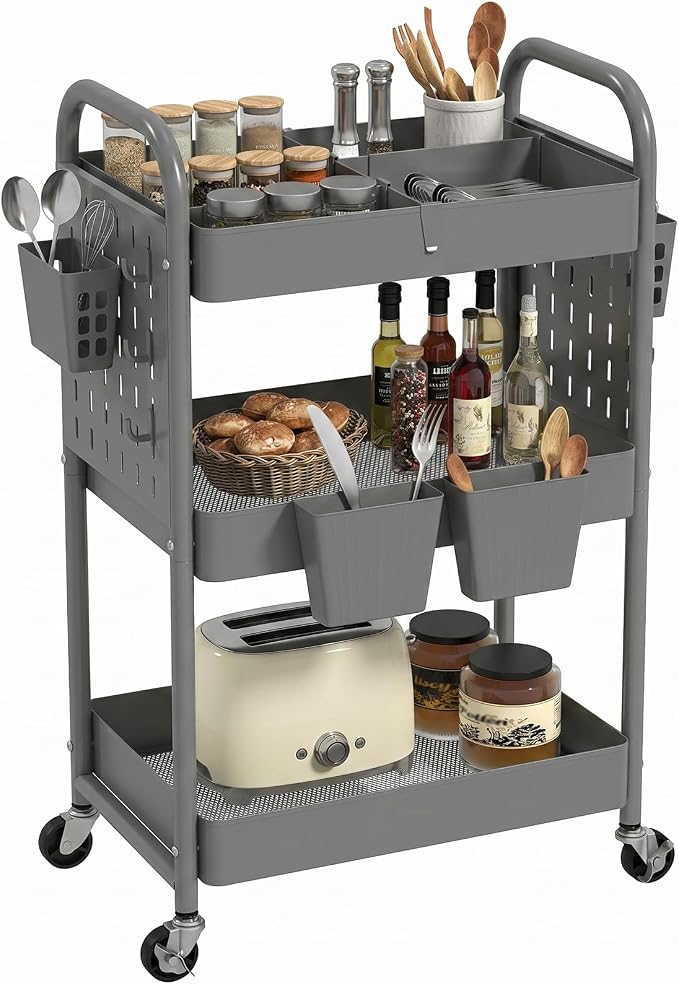 danpinera 3 Tier Rolling Cart with Retractable Dividers, Multi-Functional White Rolling Utility Cart with Pegboards, Hooks & Hanging Cups for Nursery, Living Room, Studio by danpinera