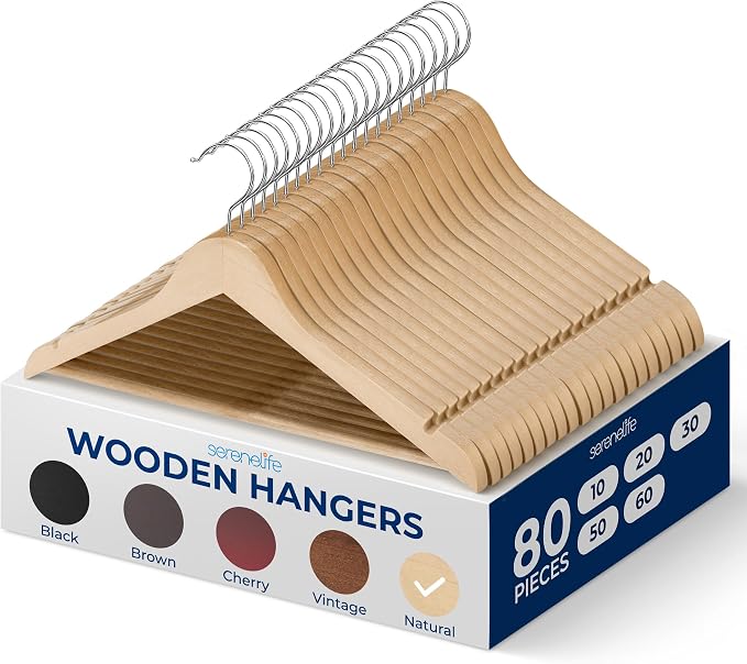 SereneLife 80-Piece Solid Wooden Hangers Set for Clothes – Heavy Duty Suit Coat Pant Dress Hangers with Chrome 360-Degree Swivel Hook and Notches Design for Organized Closets Natural Color by SereneLife