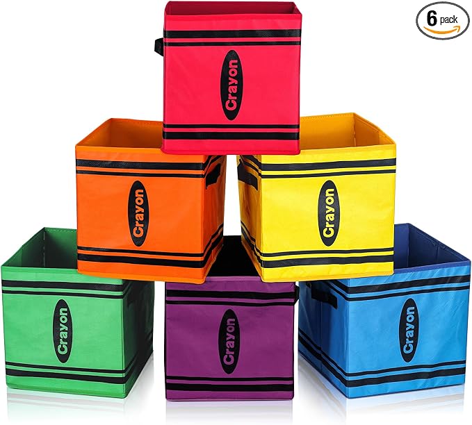 RattanView 6 Pcs 11in Cube Storage Bins Crayon Classroom Cubbies Fabric | Colorful Organizers for Daycare, Stackable Collapsible Design, Treasure Prize Boxes for Students, School Supply Storage by RattanView