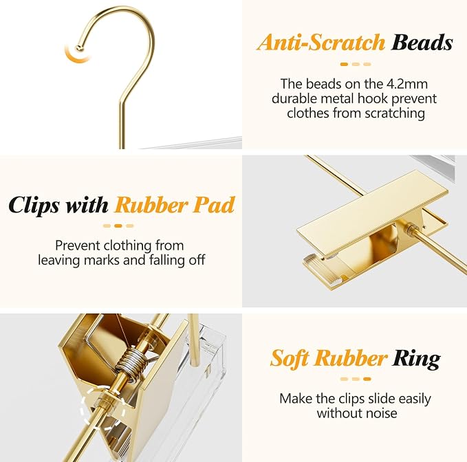 10 Pack Clear Gold Acrylic Pants Hangers with Adjustable Clips | Non-Slip & Heavy Duty Hangers for Pants, Skirts, Jeans, Trousers, Scarves, Adults & Kids, Clothing Closet Storage Organizer - Image 3