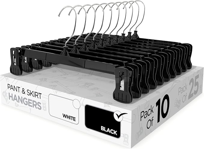 Pant & Skirt Hangers - Closet Hangers for Shorts, Shirts, Jeans, Dresses, Slacks, Coats, Clothes, Clothing, Garments & More - Durable, Space Saving & Non-Slip, Black - 10 Pack by Sharpty