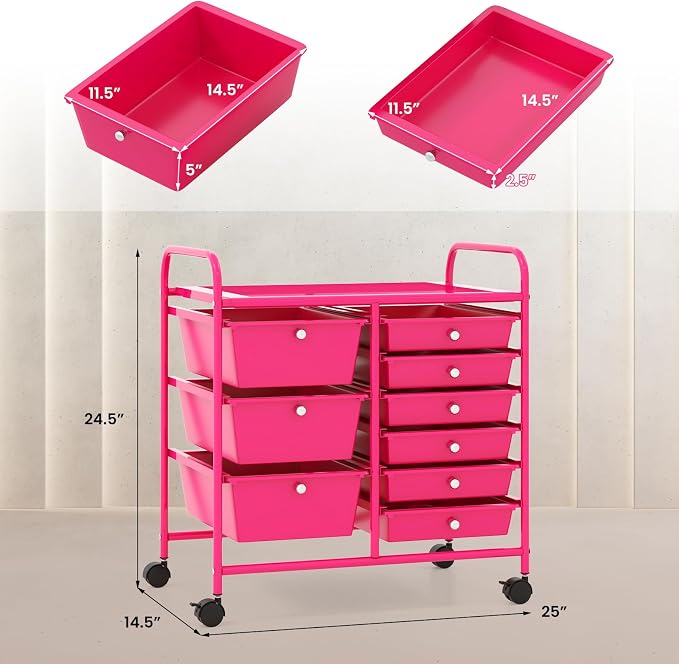 RELAX4LIFE 9 Drawer Rolling Storage Cart - Mobile Drawer Carts for Craft Art Supply Paper Salon, Utility Cart on Wheels for Classroom Teacher School Office, Rolling Cart with Drawers (Hot Pink) - Image 3