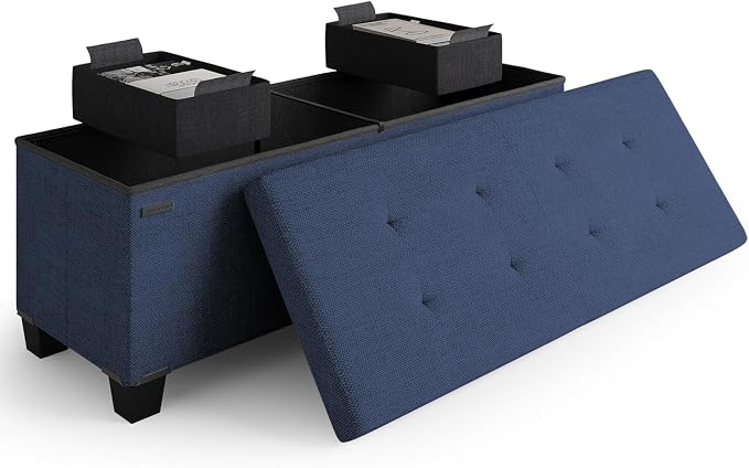 Storage Ottoman Bench with Bins, 43-in Storage Bench for Bedroom End of Bed, Folding Foot Rest Ottoman for Living Room Max 660lbs, Fabric Ottomans, Blue by STORAGEBUD
