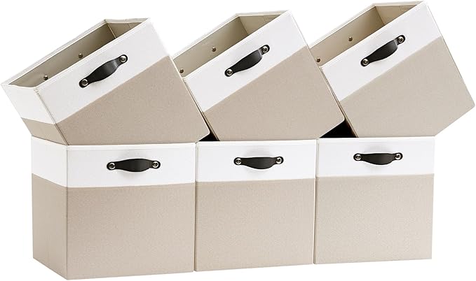 Cube Storage Bins | 11.8"x11.8"x9.8", Beige & White, 6 Pack | Multi-Size | 2X Thick Support Board | Vegan Leather Handles | 7.7 oz/yd² Fabric | 12"x12" Drawer Insert Basket by FABINADO