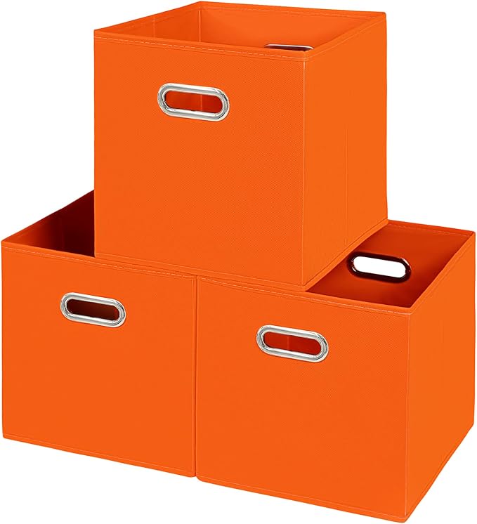 Fabric storage bins Cubes, Fabric Cube Organizer with Handle, Foldable Cube Bins for Cloth or Accessary Storage, 11x11x11, Set of 3, (Orange) by Yunkeeper