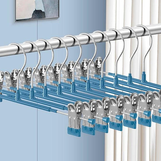 14 Inch Pants Hangers with Clips Skirt Hangers, 20 Pack, Blue | Non-Slip,Adjustable metal clips,Space-Saving,Heavy duty, for pants/skirt/dress/trousers/jeans/shorts/Clothes,Women,men by HWAJANClothesOrganizer
