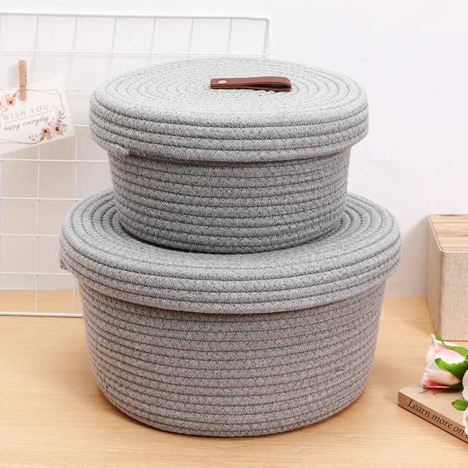 Cabilock Rope Storage Basket Set with Lid Woven Cotton Rope Organizer Baskets for Nursery Home Office and Laundry Includes Large 10.62In and Small Storage Bins for Shelf and Closet Organization - Image 7